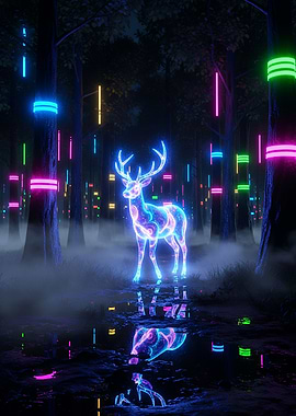 Neon Spirit Deer in Cyberpunk Forest