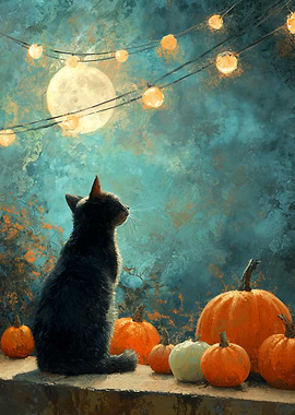 Black Cat and Pumpkins under Moonlight