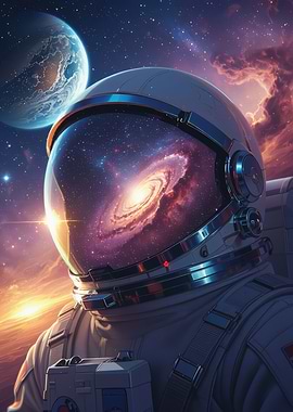 Astronaut in Space with Galaxy Reflection