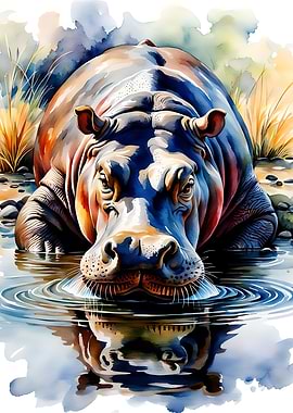Watercolor Hippopotamus in Water
