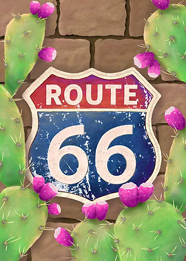 Route 66 with Prickly Pear Cacti