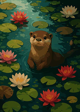 Otter in Lily Pond Illustration