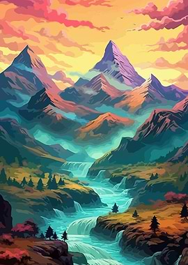 Colorful Mountain Landscape with Waterfalls