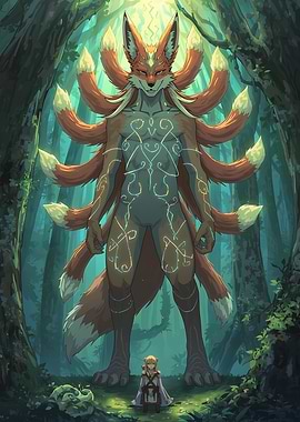 Mystical Nine-Tailed Fox Spirit & Little Sorceress - Anime Fantasy Metal Poster