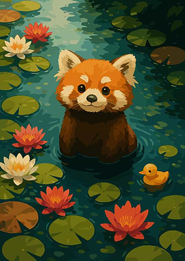 Red Panda in Lily Pond