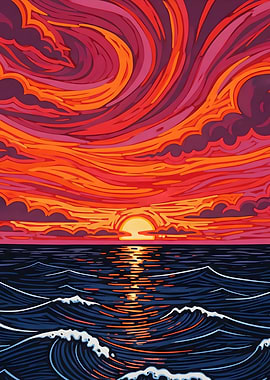 Abstract Lino Sunset Over the Ocean