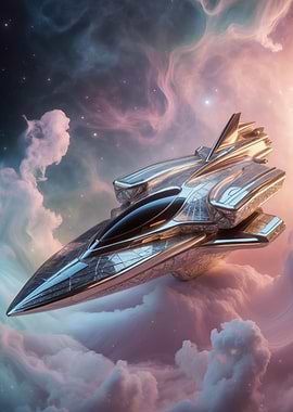 Sleek Futuristic Starship Over Pastel Nebula