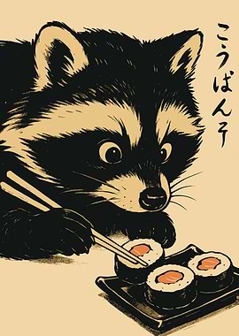Raccoon eating sushi with chopsticks art