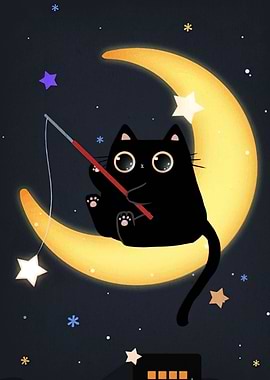 Cat Fishing Stars on the Moon