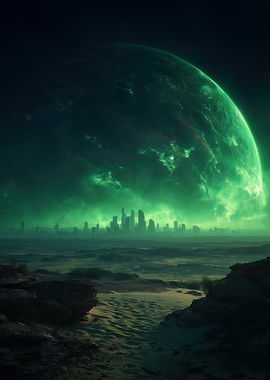 Green Planet Overlooking Cityscape