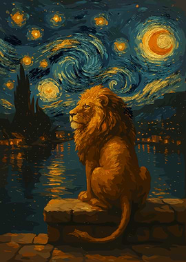 Lion under Starry Night Sky Painting