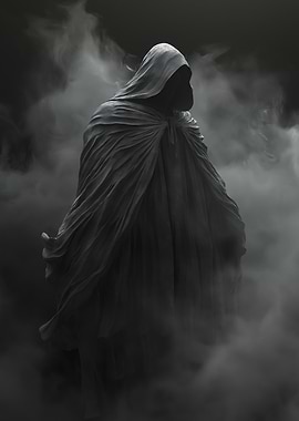 A mysterious cloaked figure floating in the shadows