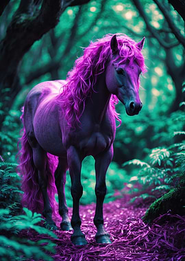Neon Purple Horse in Enchanted Forest — Fantasy Digital Art Print