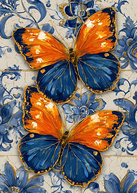 Two Butterflies on Floral Tile Background