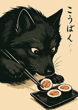 Wolf eating sushi with chopsticks