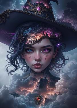 Mystical Witch Portrait with Cityscape