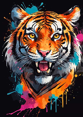 Colorful Tiger Portrait with Paint Splatters