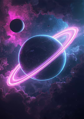 Neon Ringed Planet in Nebula