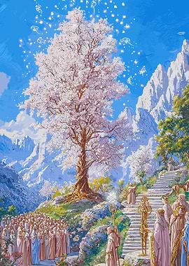 Fantasy Tree with Monks and Mountains