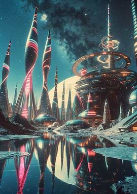 Neon Spires — Futuristic Alien City Under a Starry Sky