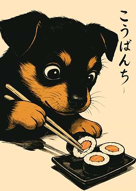 Puppy eating sushi with chopsticks