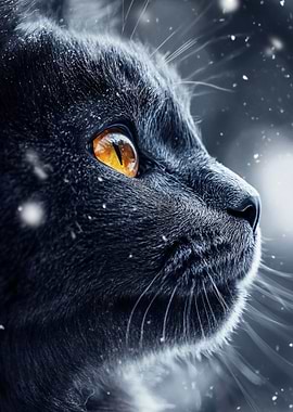 Gray Cat with Golden Eye in Snow
