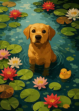 Golden Retriever Puppy in Lily Pond