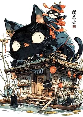 Cats on Houseboat in Japanese Style