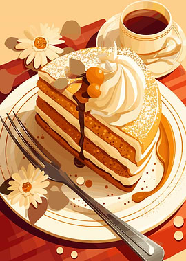 Cake Slice with Coffee Illustration