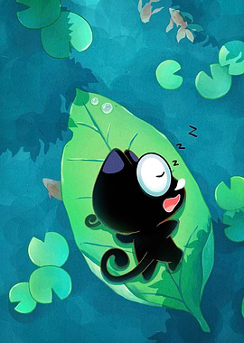 Sleeping Black Cat on Lily Pad