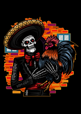 Skeleton Mariachi with Rooster Illustration