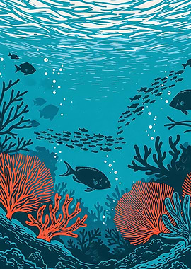 Underwater Lino Print Scene with Fish and Coral