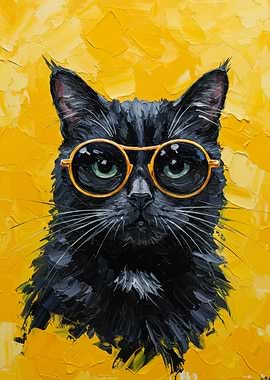 Black Cat with Glasses Painting
