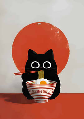Black Cat Eating Ramen