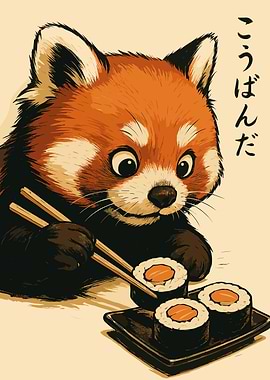 Red Panda Eating Sushi Illustration