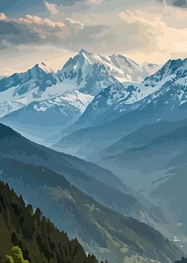 Snowy Mountain Range Landscape Illustration
