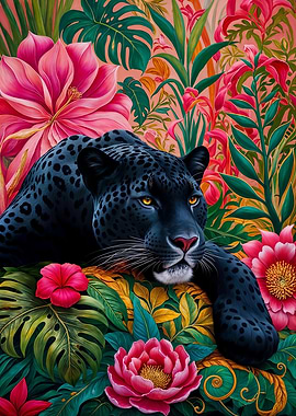 Black Panther in Tropical Floral Paradise