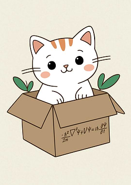 Cartoon Schödinger Cat in Box with Equation