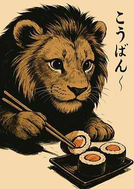 Lion eating sushi with chopsticks art