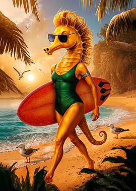 Seahorse Surfer Girl on Beach