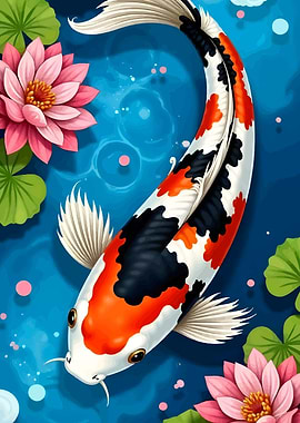 Koi Fish and Lotus Flowers