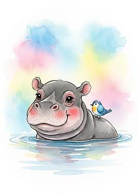 Watercolor Hippo with Bird Illustration