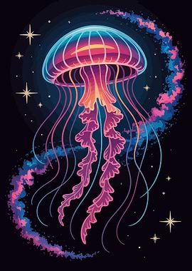 Neon Jellyfish in Space Illustration