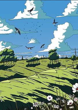 Swallows Flying Over Green Field
