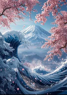 Mount Fuji, Waves, and Cherry Blossoms