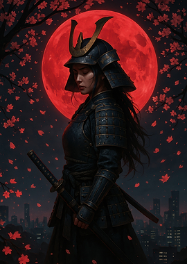 Female Samurai with Red Moon