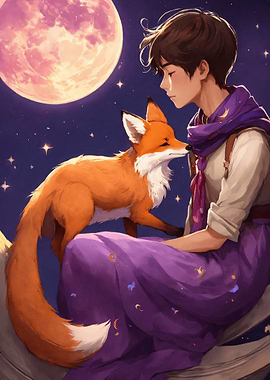 Boy and Fox Under the Moon