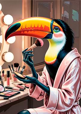 Anthropomorphic Toucan Applying Makeup