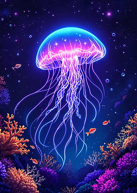 Bioluminescent Neon Jellyfish in Cosmic Ocean Coral Reef