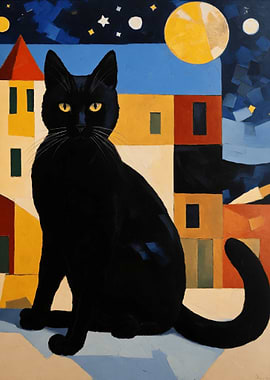 Black Cat Under the Moon Painting
